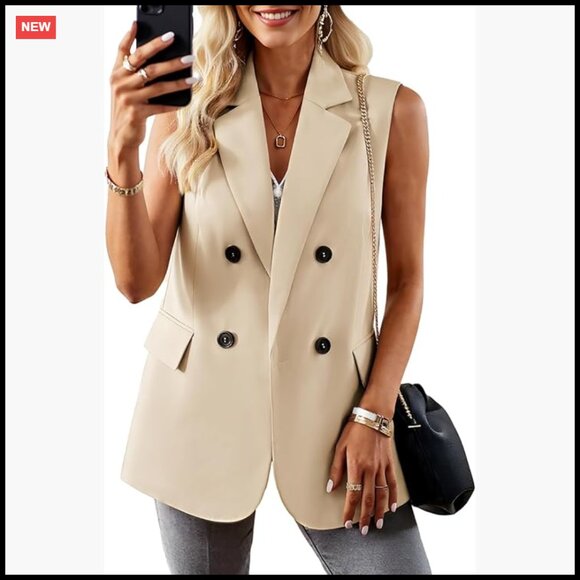 Sleeveless Blazer Vest Double Breasted Lightweight Work Casual Elegant Chic